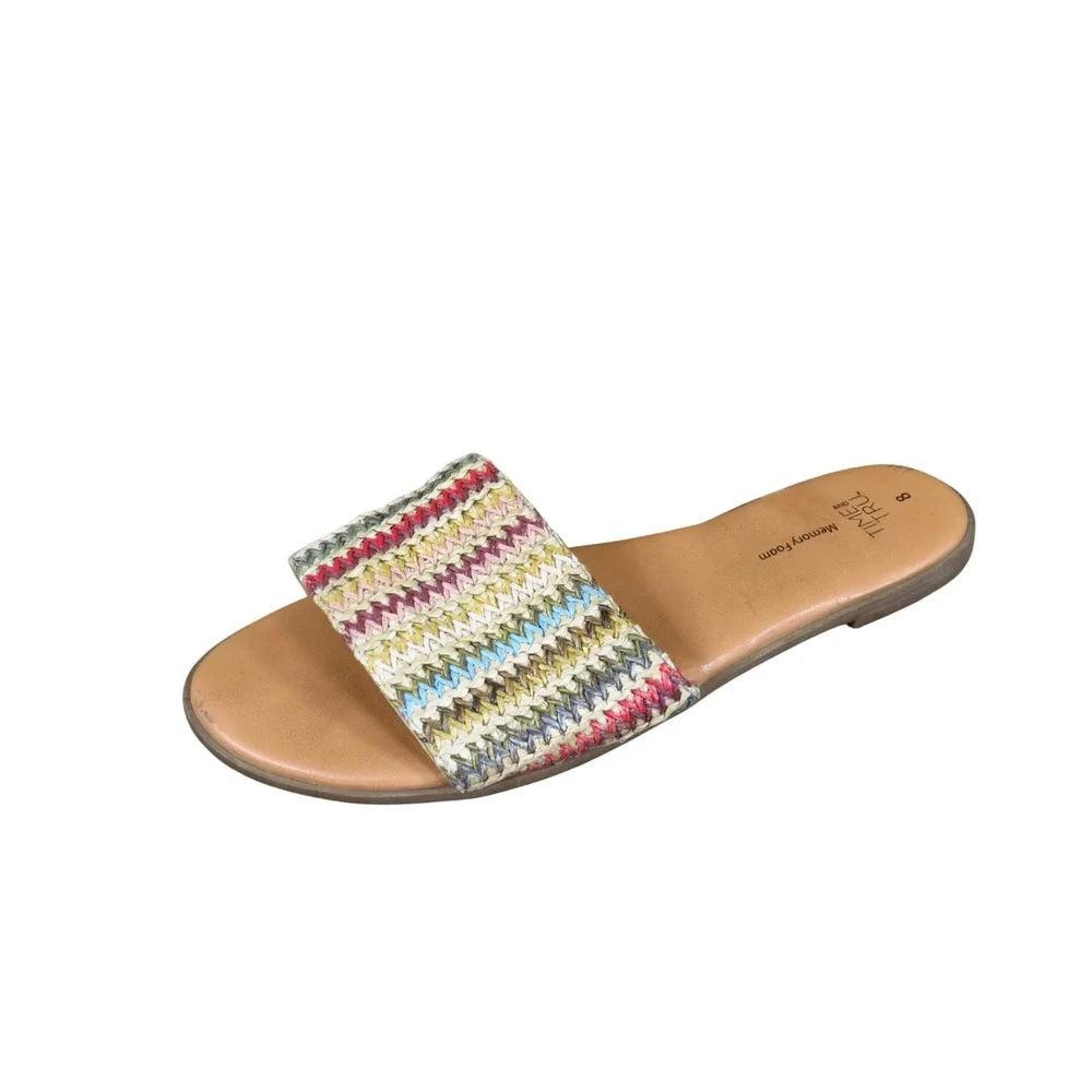 Time and Tru Women Slide Sandals Size 8 Beach Pool Woven Multi Color Tan Straw